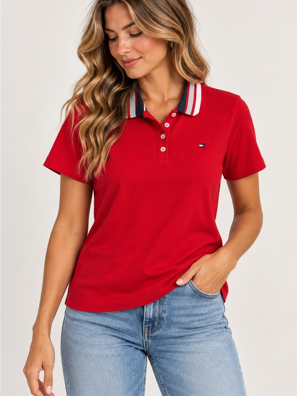 Tommy Hilfiger Red Striped Collar Polo Shirt Women’s XL Flag Logo Preppy